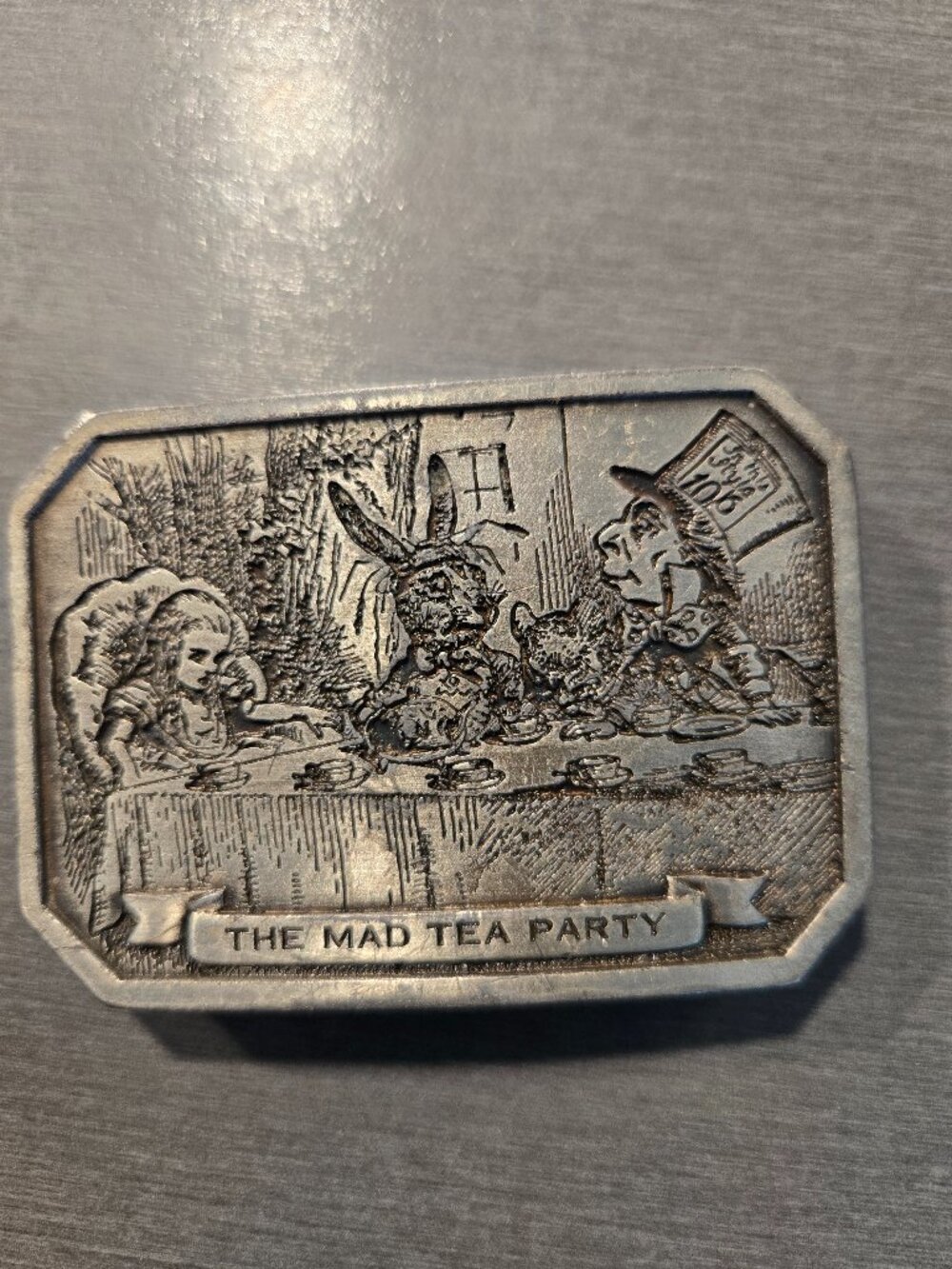 Mad hatter tea party, vintage belt buckle